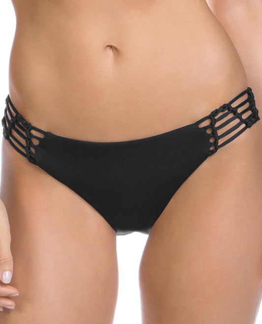 Front View Of Becca by Rebecca Virtue No Strings Attached Macrame Tab Side American Hipster Bikini Bottom | BEC No Strings Attached Black