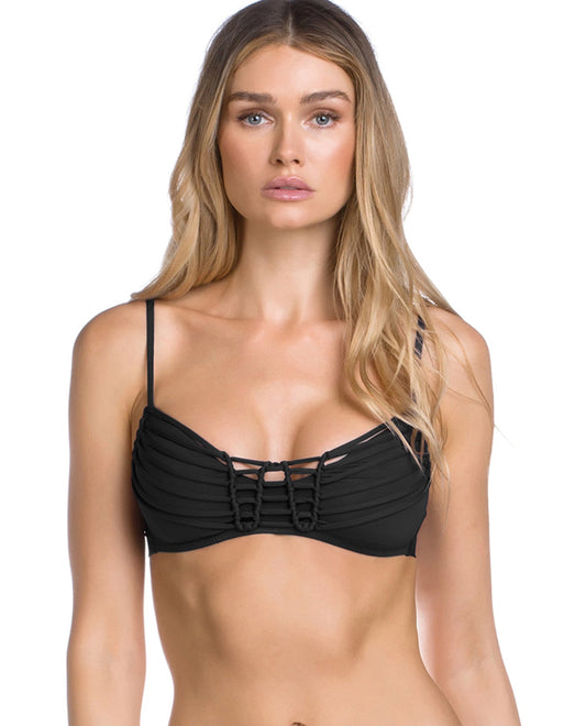 Front View Of Becca by Rebecca Virtue No Strings Attached Macrame Bralette Bikini Top | BEC No Strings Attached Black