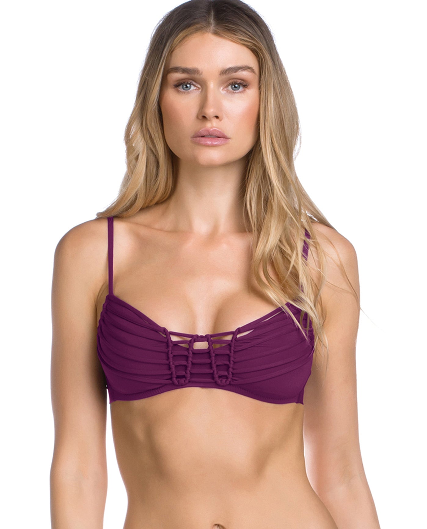 Front View Of Becca by Rebecca Virtue No Strings Attached Macrame Bralette Bikini Top | BEC No Strings Attached Raisin