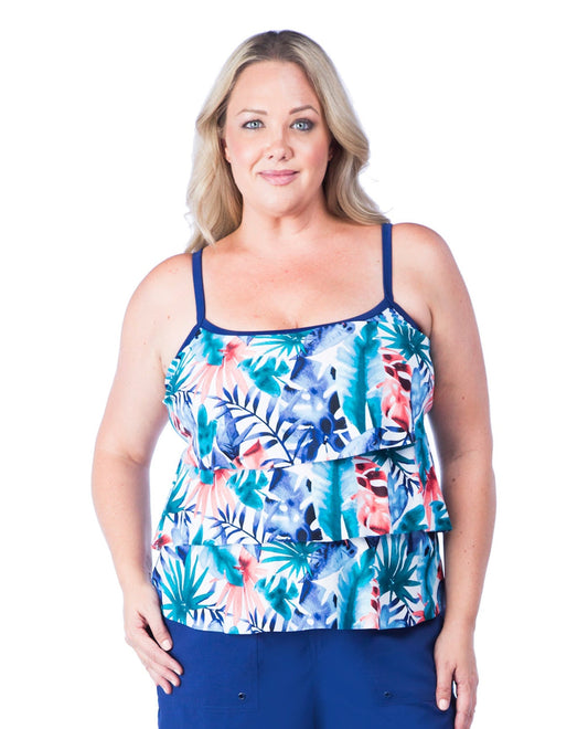 Front View Of Maxine Blue Watercolor Tropical Plus Size Tiered Tankini Top | MAX BLUE WATERCOLOR