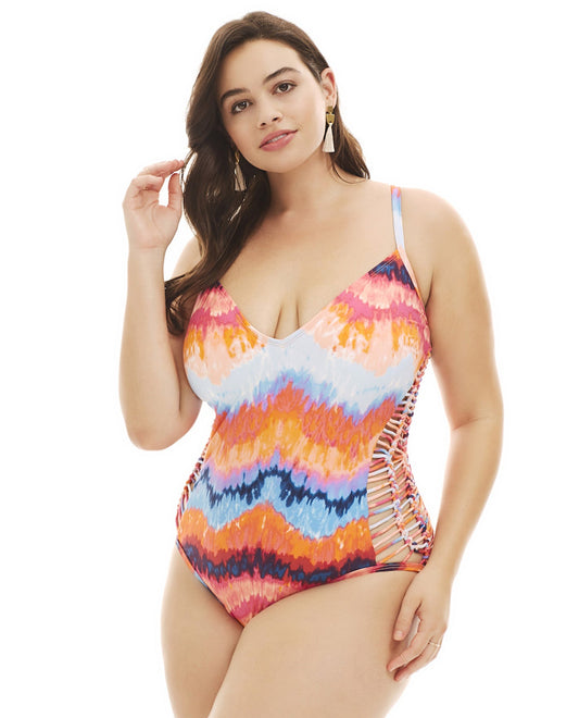 Front View Of Kenneth Cole Tidal Wave Plus Size Macrame Side Plunge One Piece Swimsuit | KKC Tidal Wave