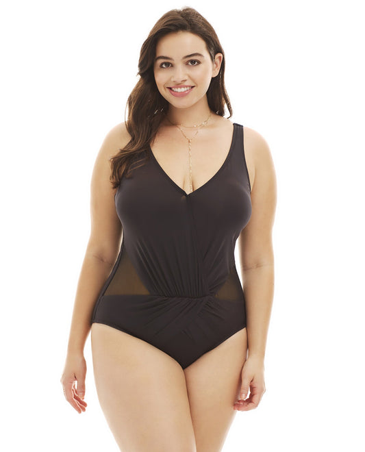Front View Of Kenneth Cole Ready to Ruffle Plus Size Shirred Halter One Piece Swimsuit | KKC Ready to Ruffle Black