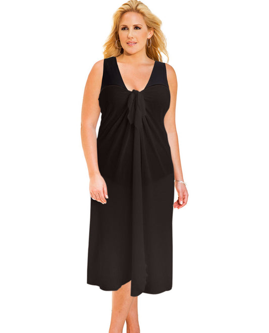 Front View Of Always For Me Sun Diva Black Plus Size Long Pareo Cover Up | AFM BLACK