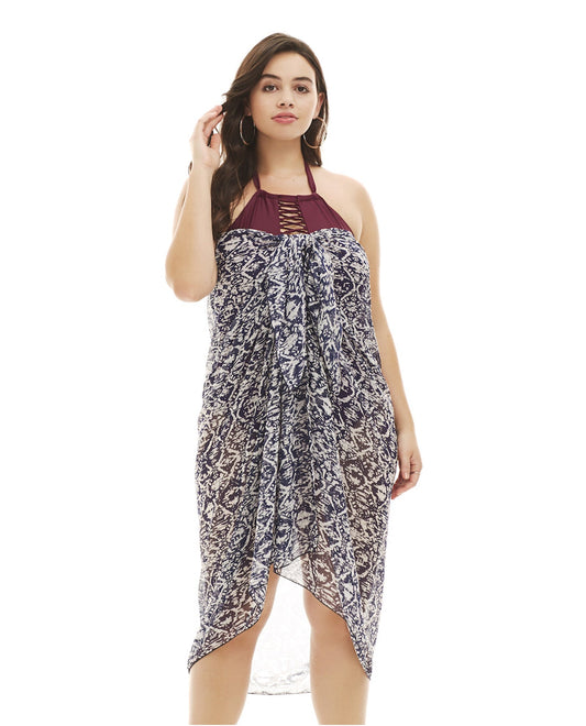 Front View Of Always For Me Tribal Batik Navy and White Plus Size Pareo Sarong Cover Up | AFM NAVY