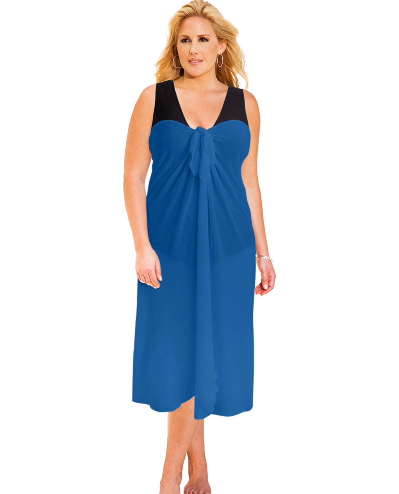 Front View Of Always For Me Sun Diva Denim Plus Size Long Pareo Cover Up | AFM DENIM