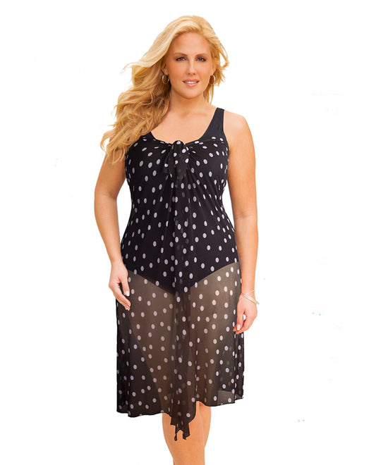 Front View Of Always For Me Black and White Dot Plus Size Long Pareo Cover Up | AFM DOT
