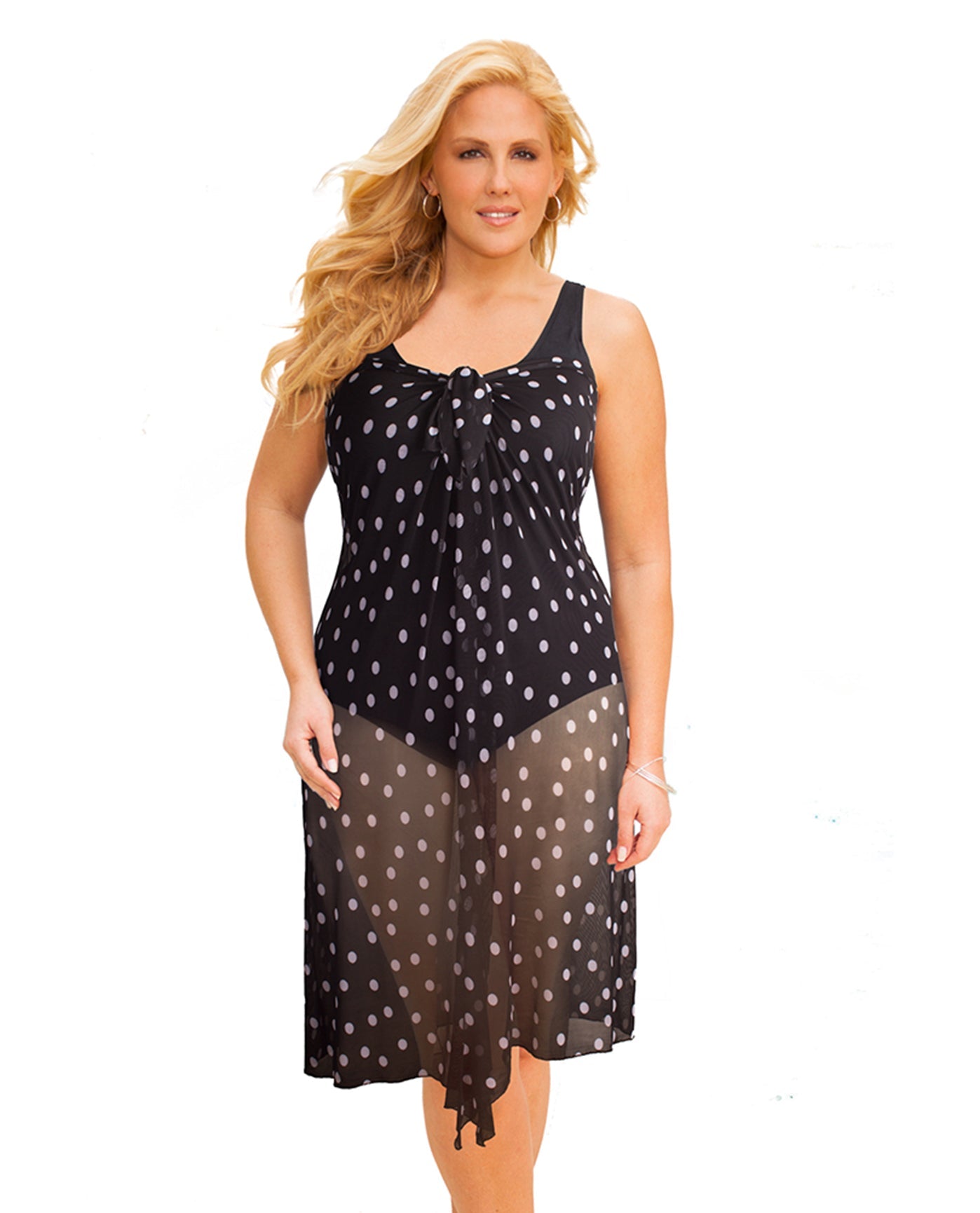 Front View Of Always For Me Black and White Dot Plus Size Long Pareo Cover Up | AFM DOT