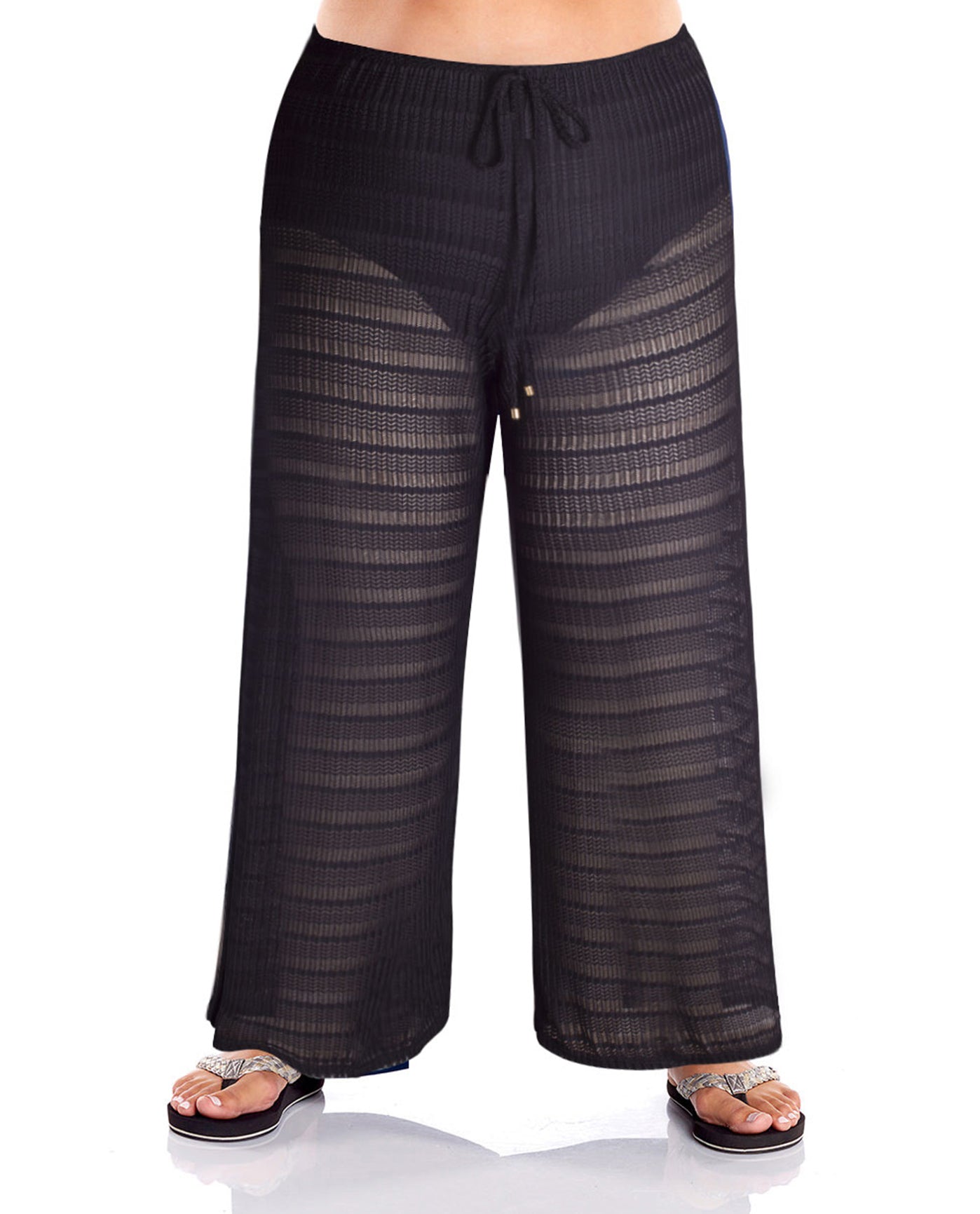 Front View Of Jordan Taylor Arrow Chevron Solid Plus Size Textured Tie Front Pull On Cover Up Pant | JOR Black
