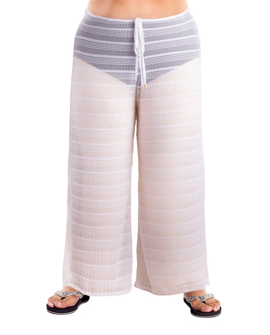 Front View Of Jordan Taylor Arrow Chevron Solid Plus Size Textured Tie Front Pull On Cover Up Pant | JOR White