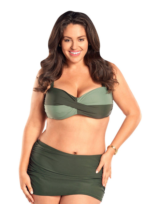 Front View Of Always For Me Olive Color Block Plus Size Bikini Top with Matching Bikini Bottom | AFM GREEN