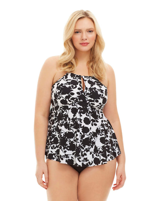 Front View Of Always For Me Black and White Beach Flower Plus Size Tankini Top with Matching Tankini Bottom | AFM BLACK WHITE