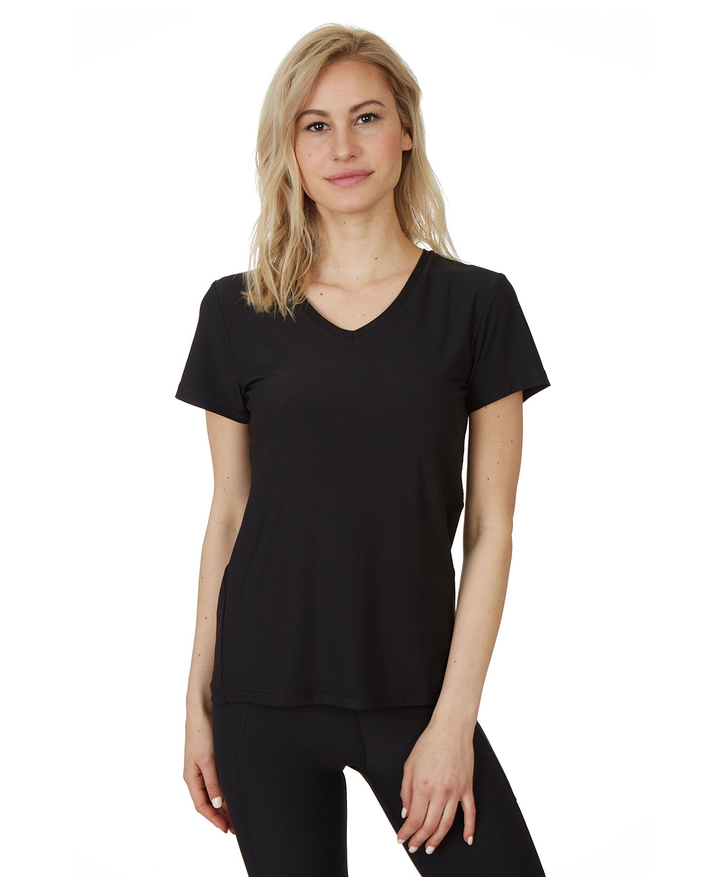 Front View Of X by Gottex Honey Comb Loose Fit Short Sleeve V-Neck Top | XGX BLACK