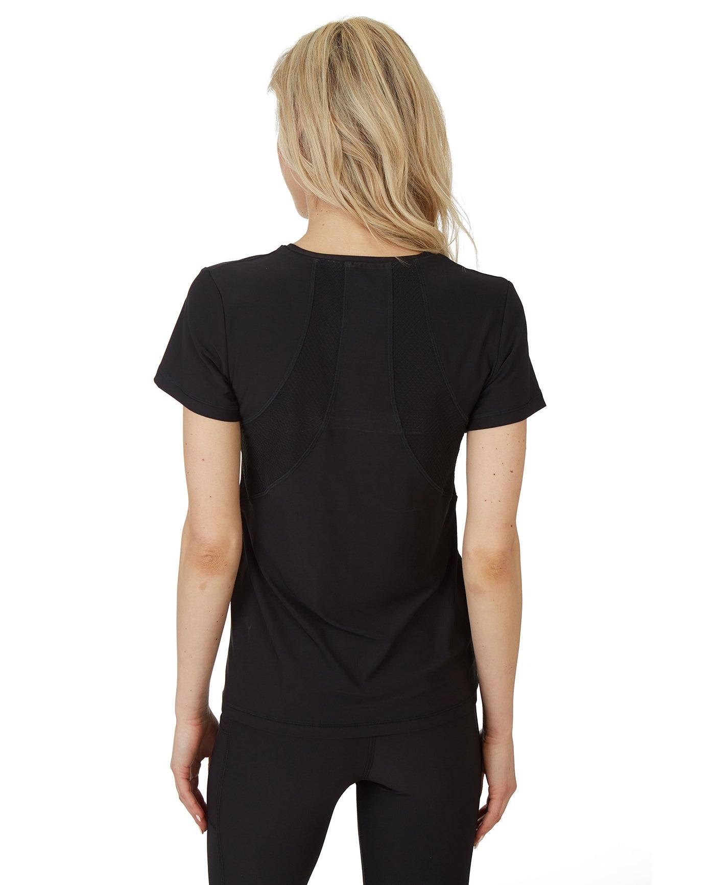 Back View Of X by Gottex Honey Comb Loose Fit Short Sleeve V-Neck Top | XGX BLACK