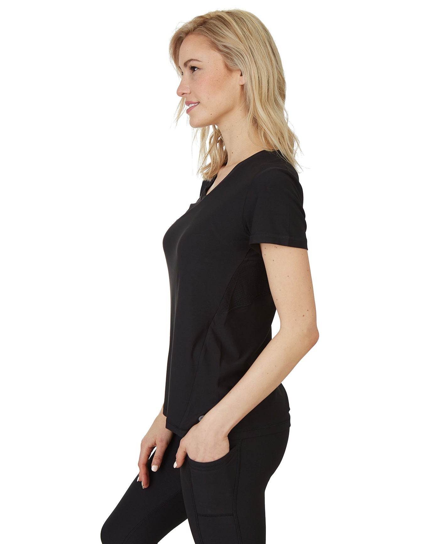 Side View Of X by Gottex Honey Comb Loose Fit Short Sleeve V-Neck Top | XGX BLACK