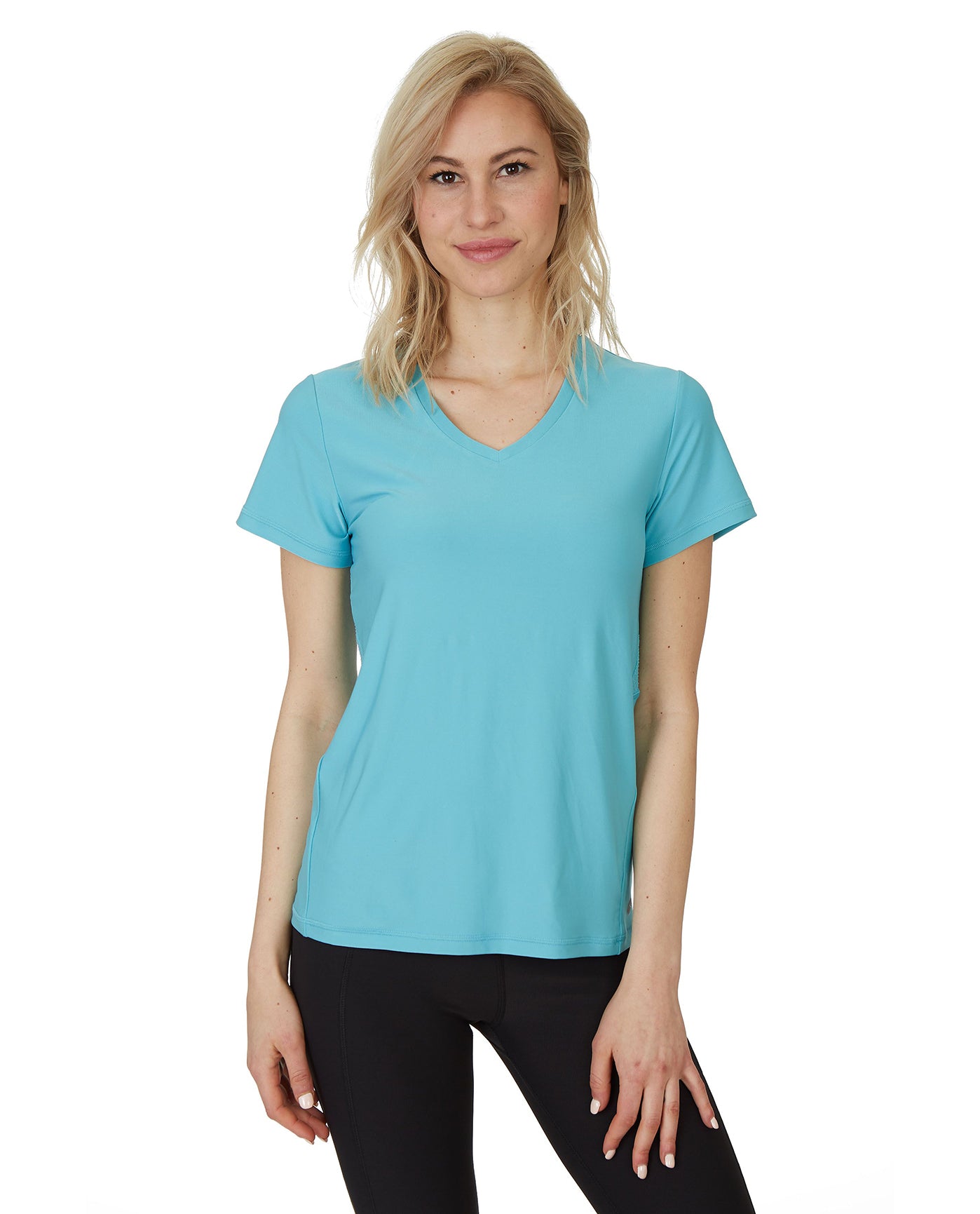 Front View Of X by Gottex Honey Comb Loose Fit Short Sleeve V-Neck Top | XGX BLUE