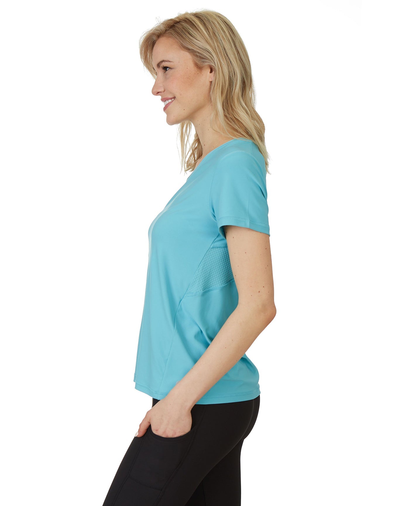 Side View Of X by Gottex Honey Comb Loose Fit Short Sleeve V-Neck Top | XGX BLUE