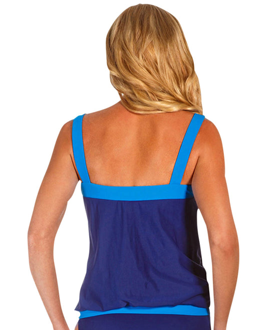 Back View Of Miraclesuit White Colorblock D-Cup Breezy Tankini Top | MIR Blue