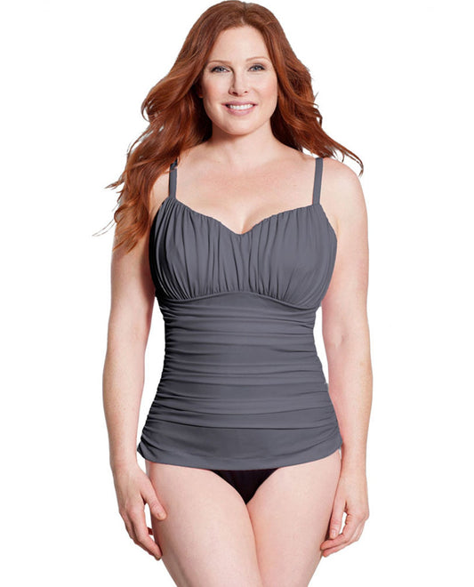 Front View Of Miraclesuit Slate Colorblock Plus Size Rialto One Piece Swimsuit | MIR Slate