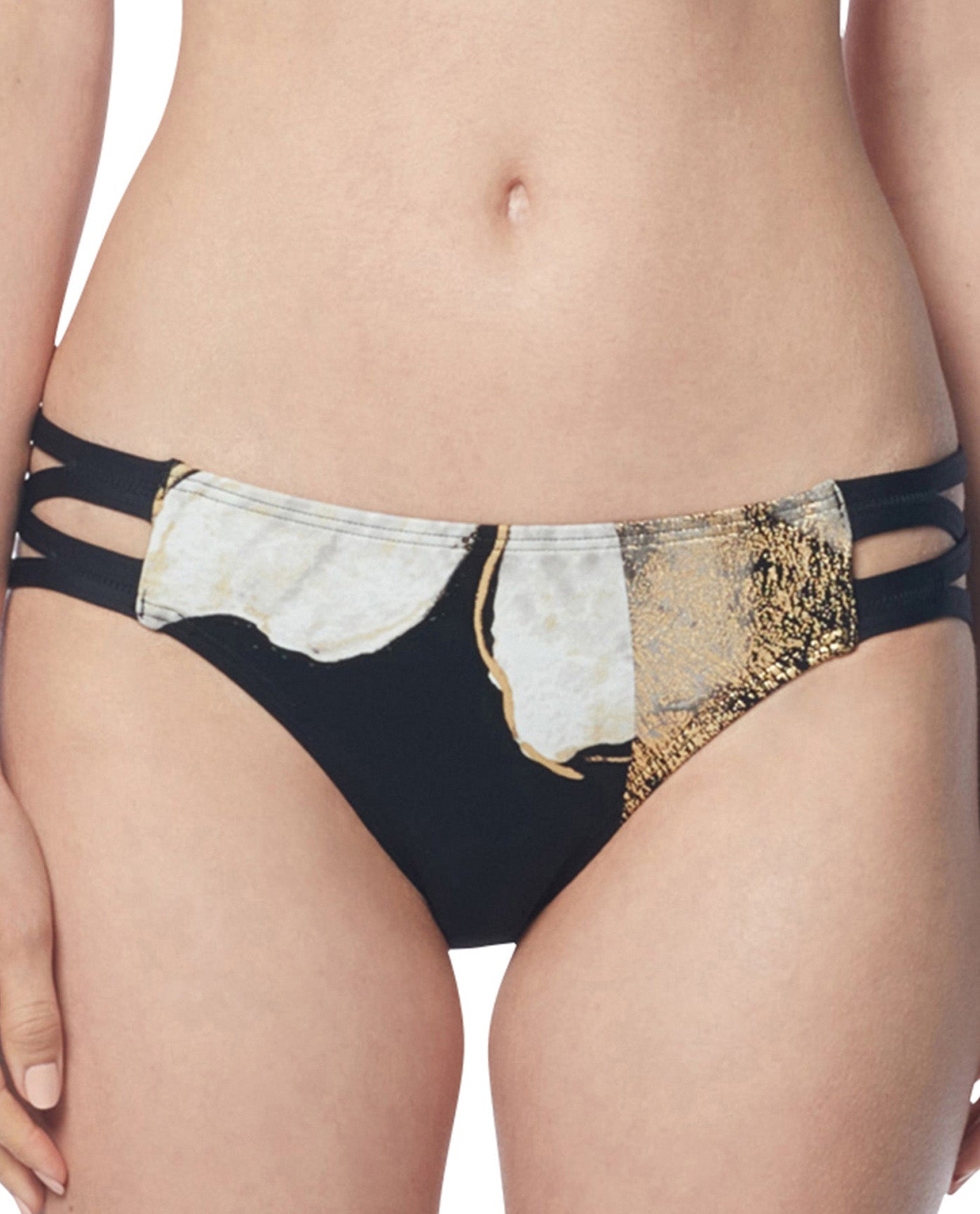 Front View Of Carmen Marc Valvo Gilded Garden Strappy Full Coverage Bikini Bottom | CMV GILDED GARDEN BLACK