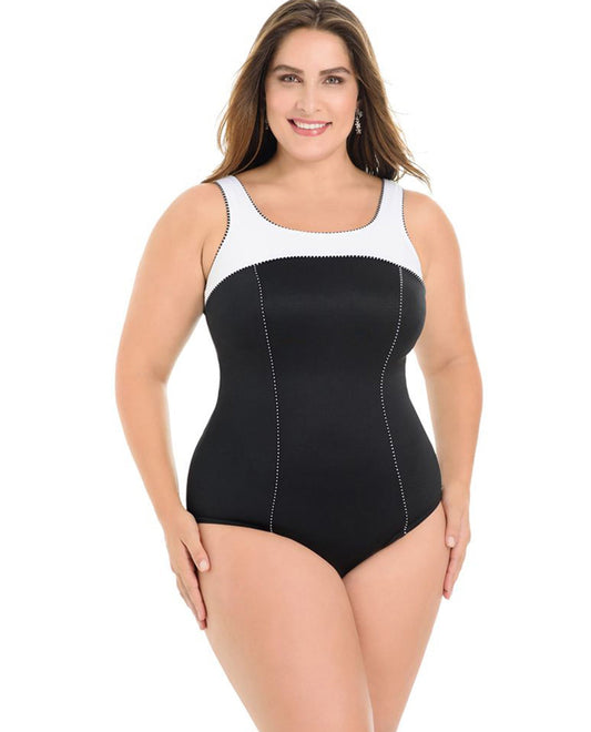 Front View Of Miraclesuit White Colorblock Plus Size Touche Underwire One Piece Swimsuit | MIR Black White