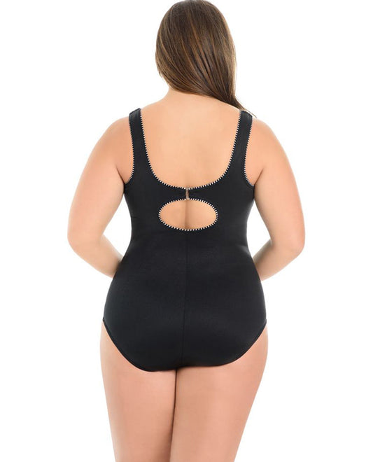 Back View Of Miraclesuit White Colorblock Plus Size Touche Underwire One Piece Swimsuit | MIR Black White