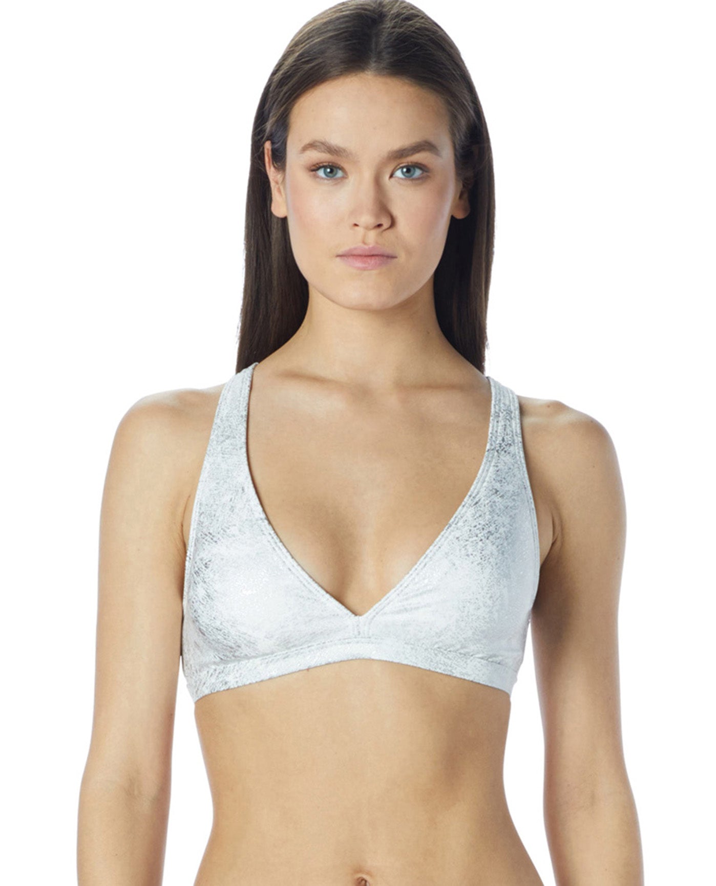 Front View Of Carmen Marc Valvo Deluxe Strappy Back Triangle Bikini Top | CMV WHITE