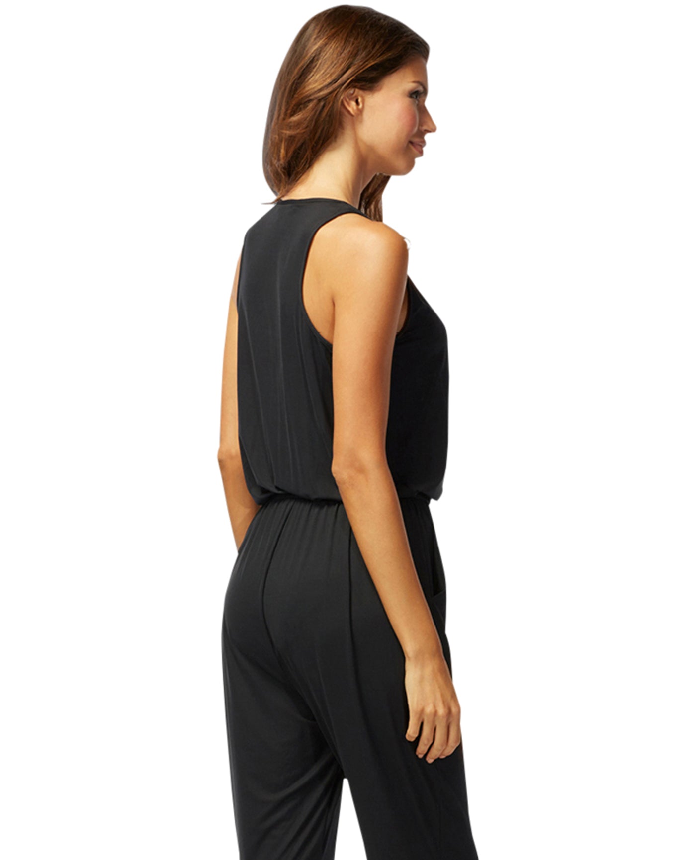 Back View Of Carmen Marc Valvo Black Daiquiri Caribbean Jump Suit | CMV BLACK