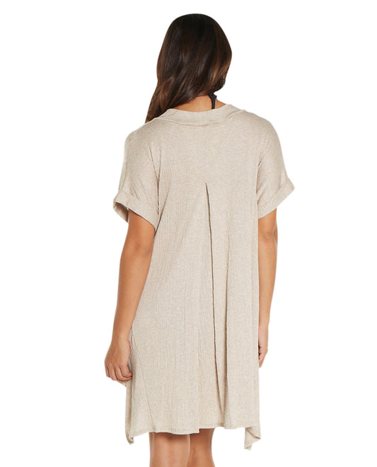 Back View Of Elif Taupe Corbel V-Neck Shirt Dress | ELF TAUPE