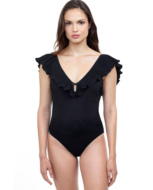 Front View Of Profile by Gottex Pleat It Deep V-Neck One Piece Swimsuit | PRO PLEAT IT BLACK