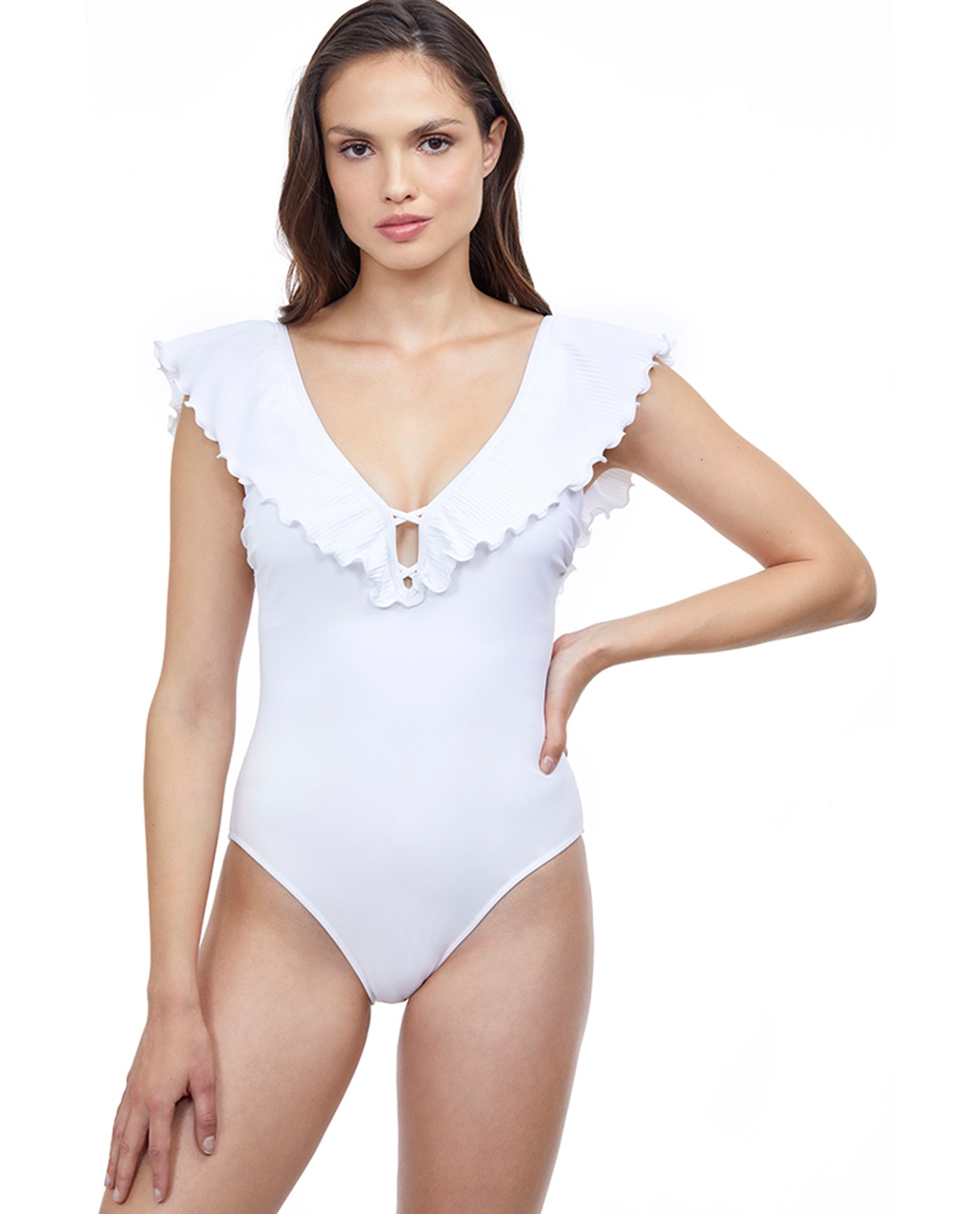 Front View Of Profile by Gottex Pleat It Deep V-Neck One Piece Swimsuit | PRO PLEAT IT WHITE