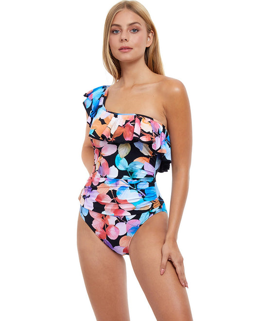 Front View Of Profile by Gottex Color Rush Black Ruffle One Shoulder One Piece Swimsuit | PRO COLOR RUSH BLACK
