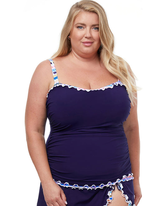 Front View Of Profile by Gottex Spritz Navy Plus Size Shirred Underwire Tankini Top | PRO SPRITZ NAVY