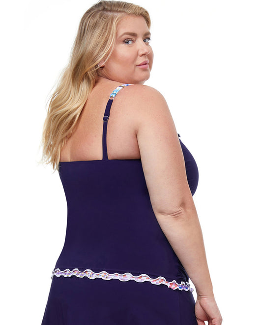 Back View Of Profile by Gottex Spritz Navy Plus Size Shirred Underwire Tankini Top | PRO SPRITZ NAVY