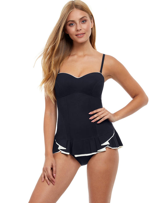 Front View Of Profile by Gottex Belle Curve Bandeau Strapless Shirred Swimdress | PRO BELLE CURVE BLACK