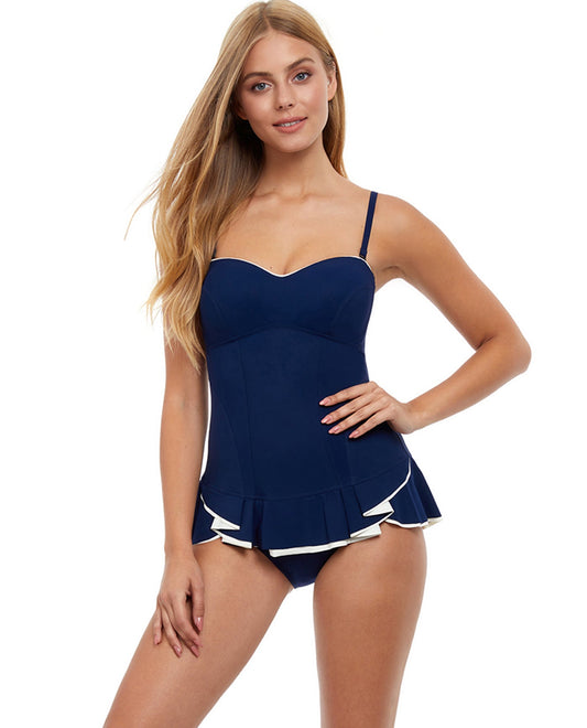 Front View Of Profile by Gottex Belle Curve Bandeau Strapless Shirred Swimdress | PRO BELLE CURVE NAVY