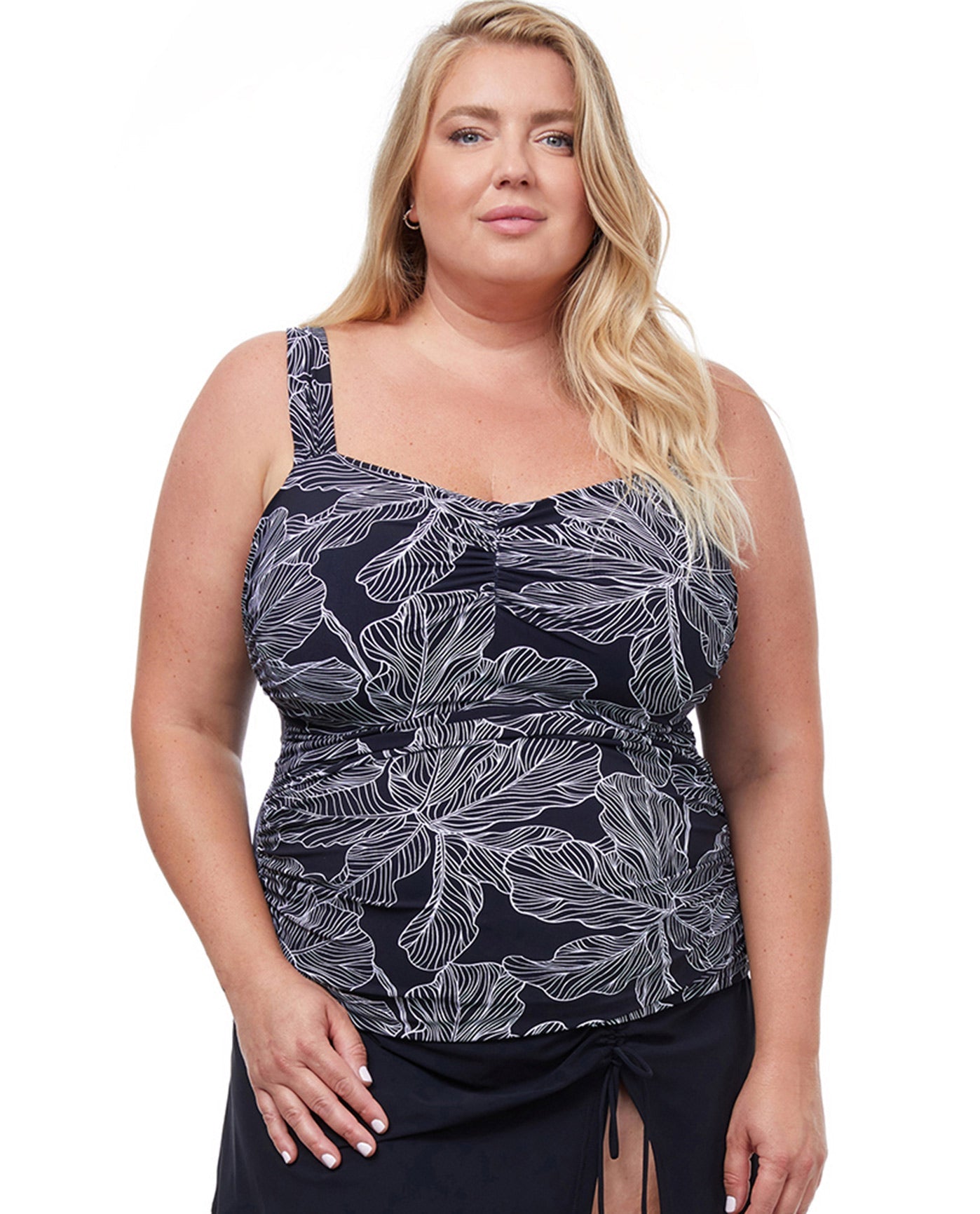 Front View Of Profile by Gottex Soiree Black & White Plus Size Shirred Underwire Tankini Top | PRO SOIREE