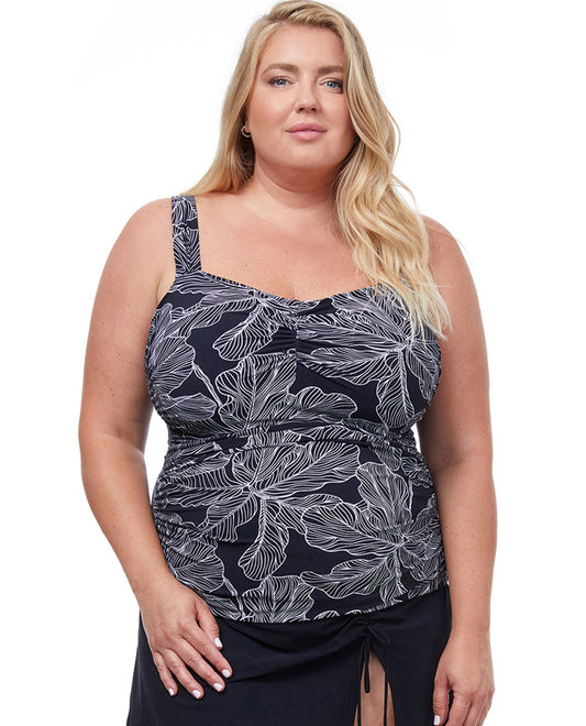 Front View Of Profile by Gottex Soiree Black & White Plus Size Shirred Underwire Tankini Top | PRO SOIREE