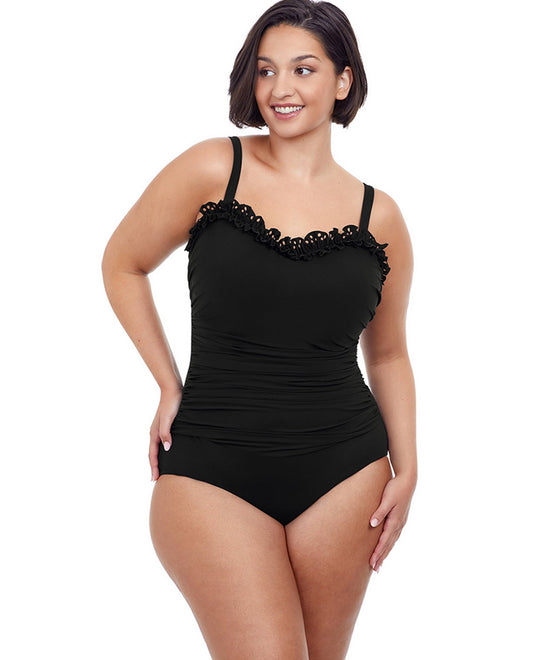 Front View Of Profile by Gottex Hula Dance Plus Size Scoop Neck Shirred Underwire One Piece Swimsuit | PRO HULA DANCE BLACK