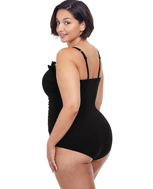 Back View Of Profile by Gottex Hula Dance Plus Size Scoop Neck Shirred Underwire One Piece Swimsuit | PRO HULA DANCE BLACK