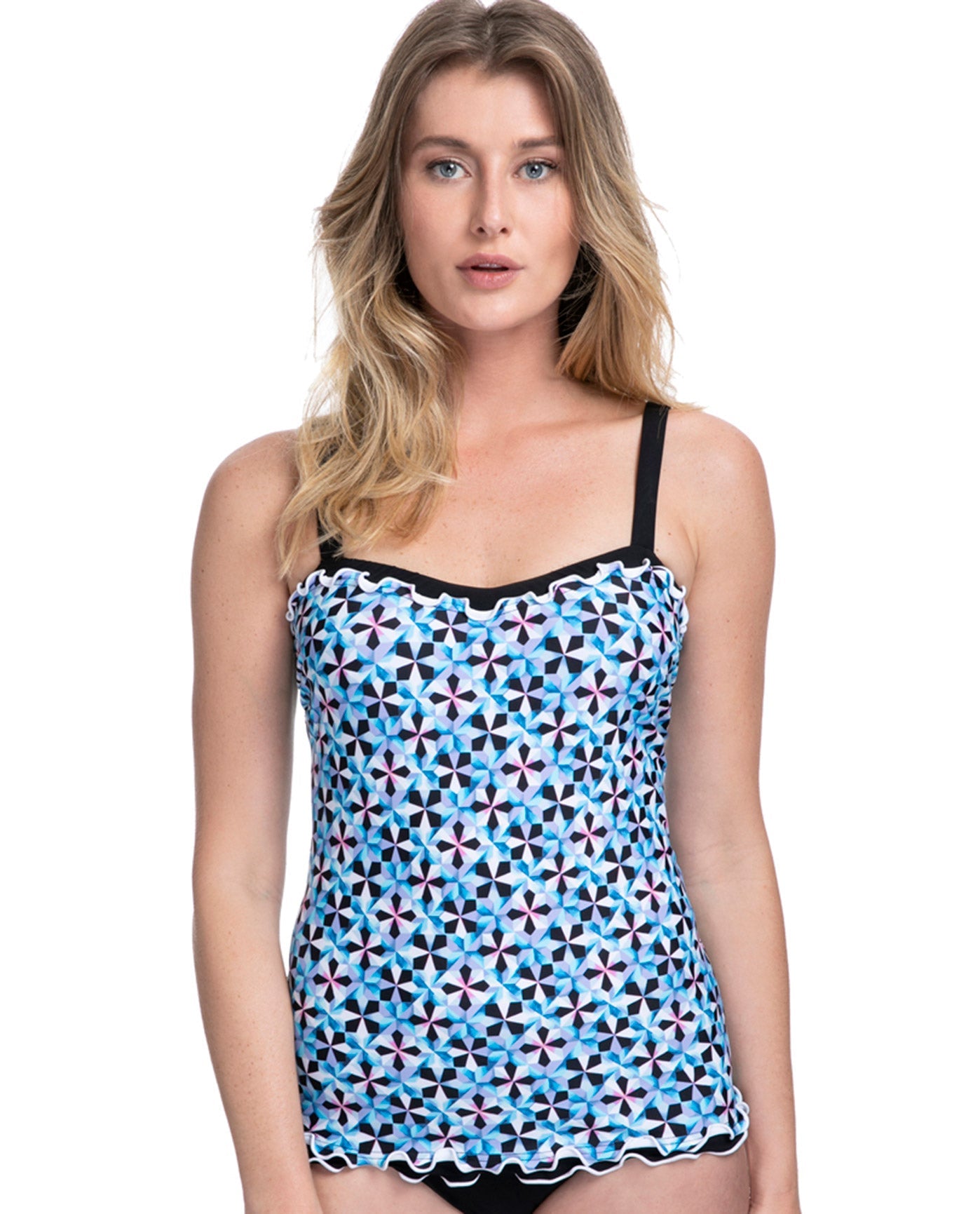 Front View Of Profile by Gottex Pinwheel Blue D-Cup Scoop Neck Shirred Underwire Tankini Top | PRO PINWHEEL