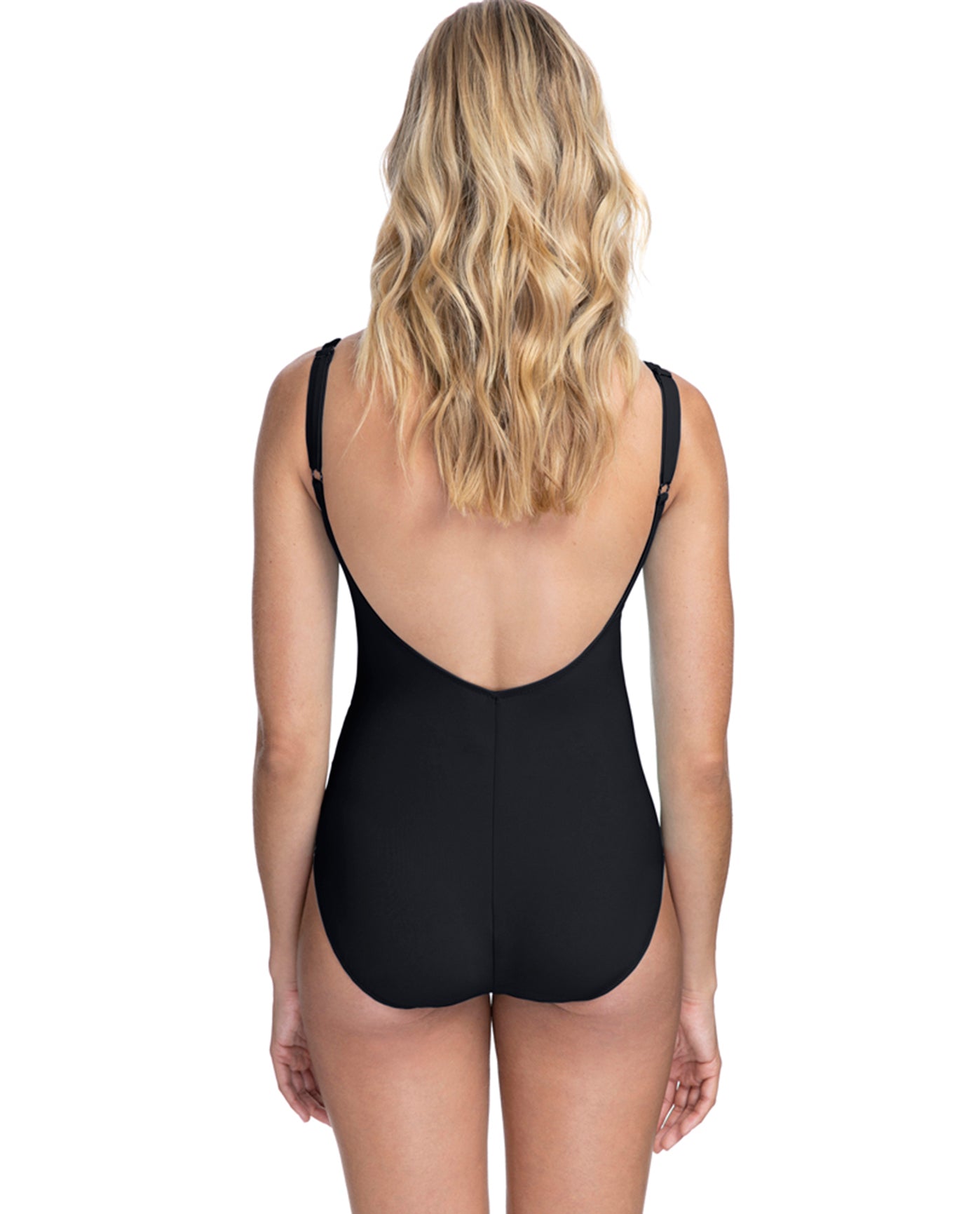 Back View Of Profile by Gottex Moto Lace Up V-Neck Shirred Underwire One Piece Swimsuit | PRO MOTO BLACK
