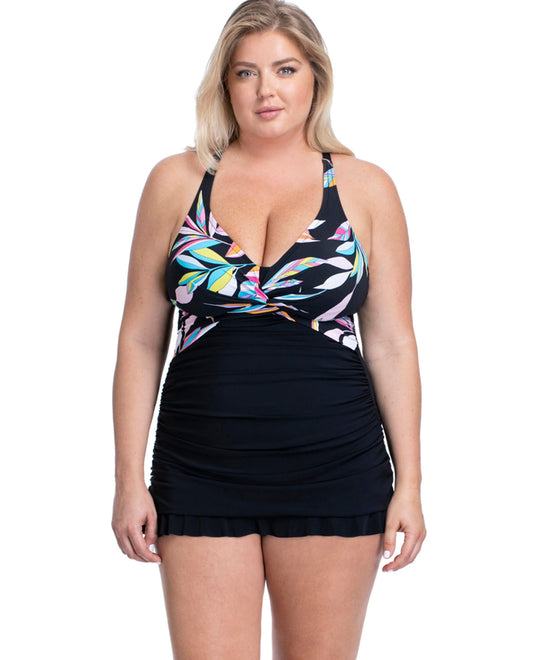 Front View Of Profile by Gottex Paparazzi Black Plus Size Halter Cross Back Underwire Swimdress |