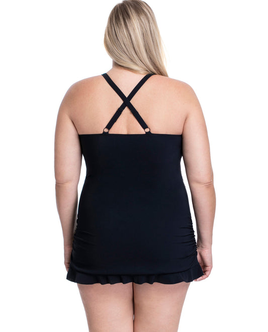 Back View Of Profile by Gottex Paparazzi Black Plus Size Halter Cross Back Underwire Swimdress | PRO PAPARAZZI