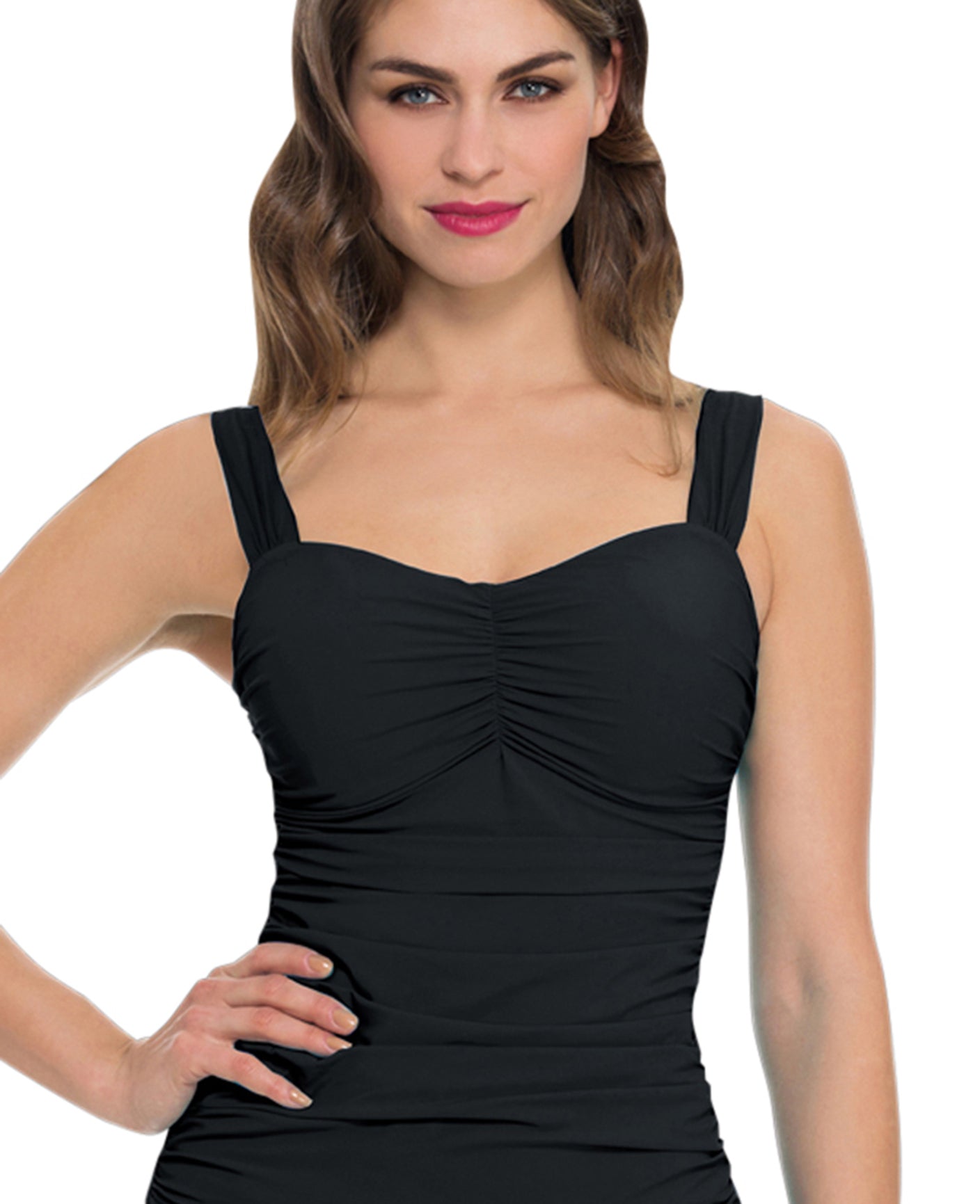 Front View Of Profile by Gottex Tutti Frutti D-Cup Shirred Underwire Tankini Top | PRO TUTTI FRUTTI BLACK