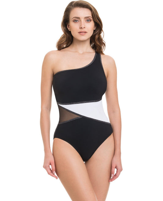 Front View Of Profile by Gottex Black and White Stargazer One Shoulder Mesh Inset One Piece Swimsuit | PRO STARGAZER BLACK WHITE