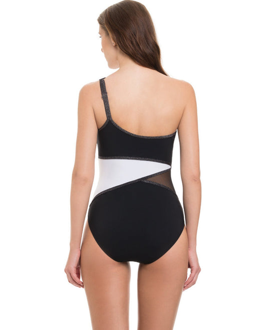 Back View Of Profile by Gottex Black and White Stargazer One Shoulder Mesh Inset One Piece Swimsuit | PRO STARGAZER BLACK WHITE