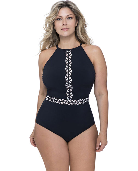 Front View Of Profile by Gottex Labyrinth Black and White Plus Size High Neck One Piece Swimsuit | PRO LABYRINTH