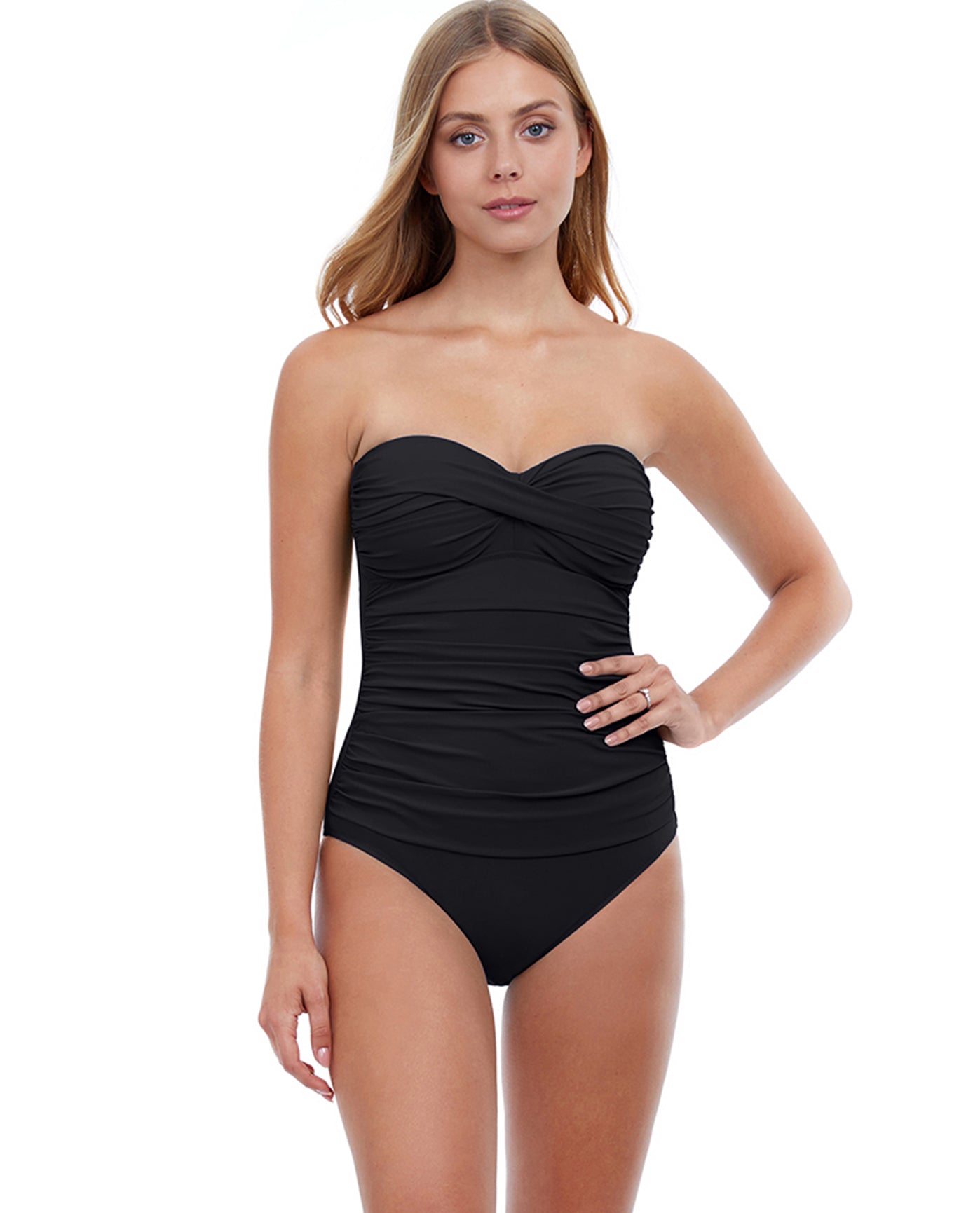 Front View Of PROFILE BY GOTTEX TUTTI FRUTTI SHIRRED FRONT BANDEAU STRAPLESS ONE PIECE SWIMSUIT | PRO TUTTI FRUTTI BLACK