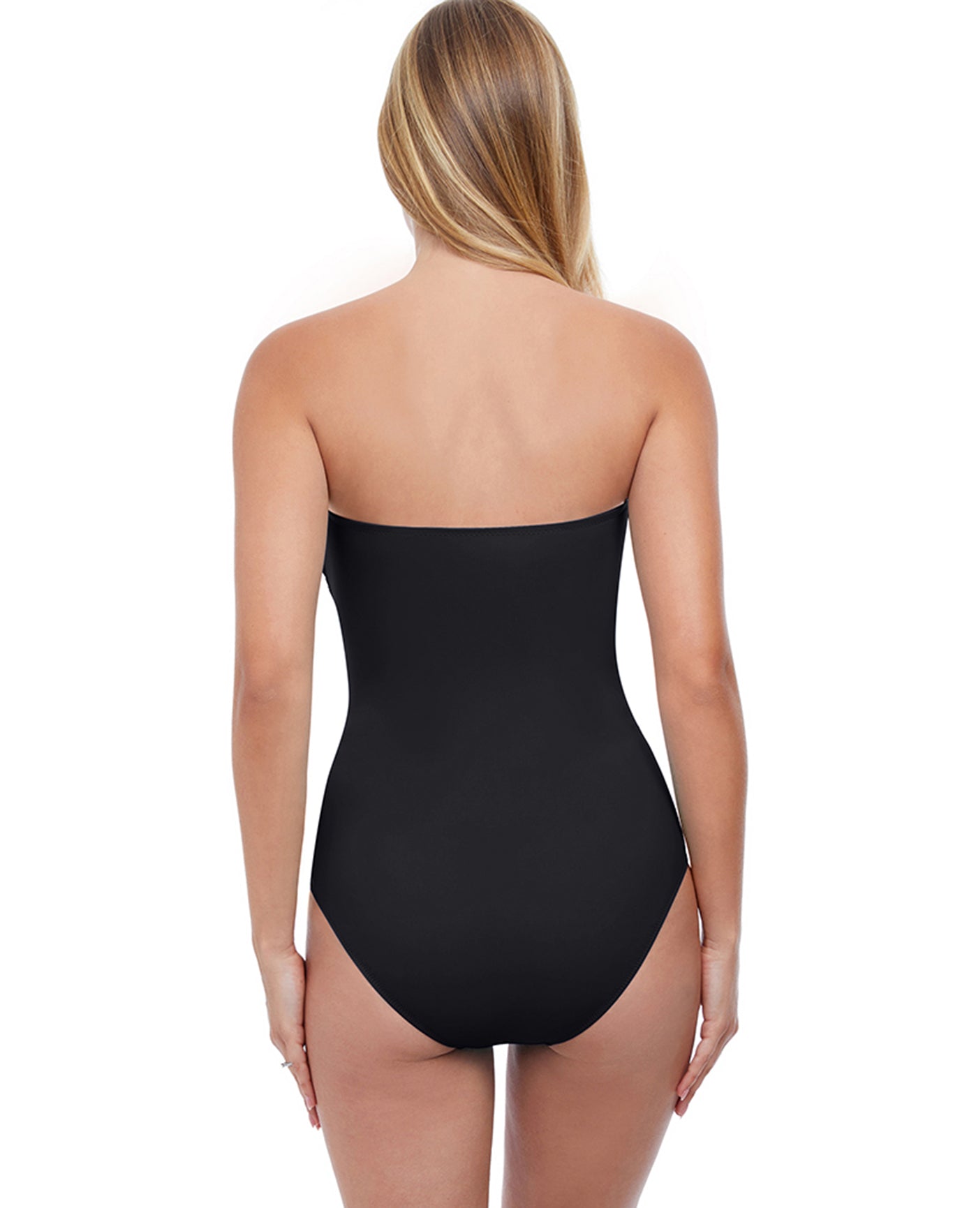 Back View Of PROFILE BY GOTTEX TUTTI FRUTTI SHIRRED FRONT BANDEAU STRAPLESS ONE PIECE SWIMSUIT | PRO TUTTI FRUTTI BLACK