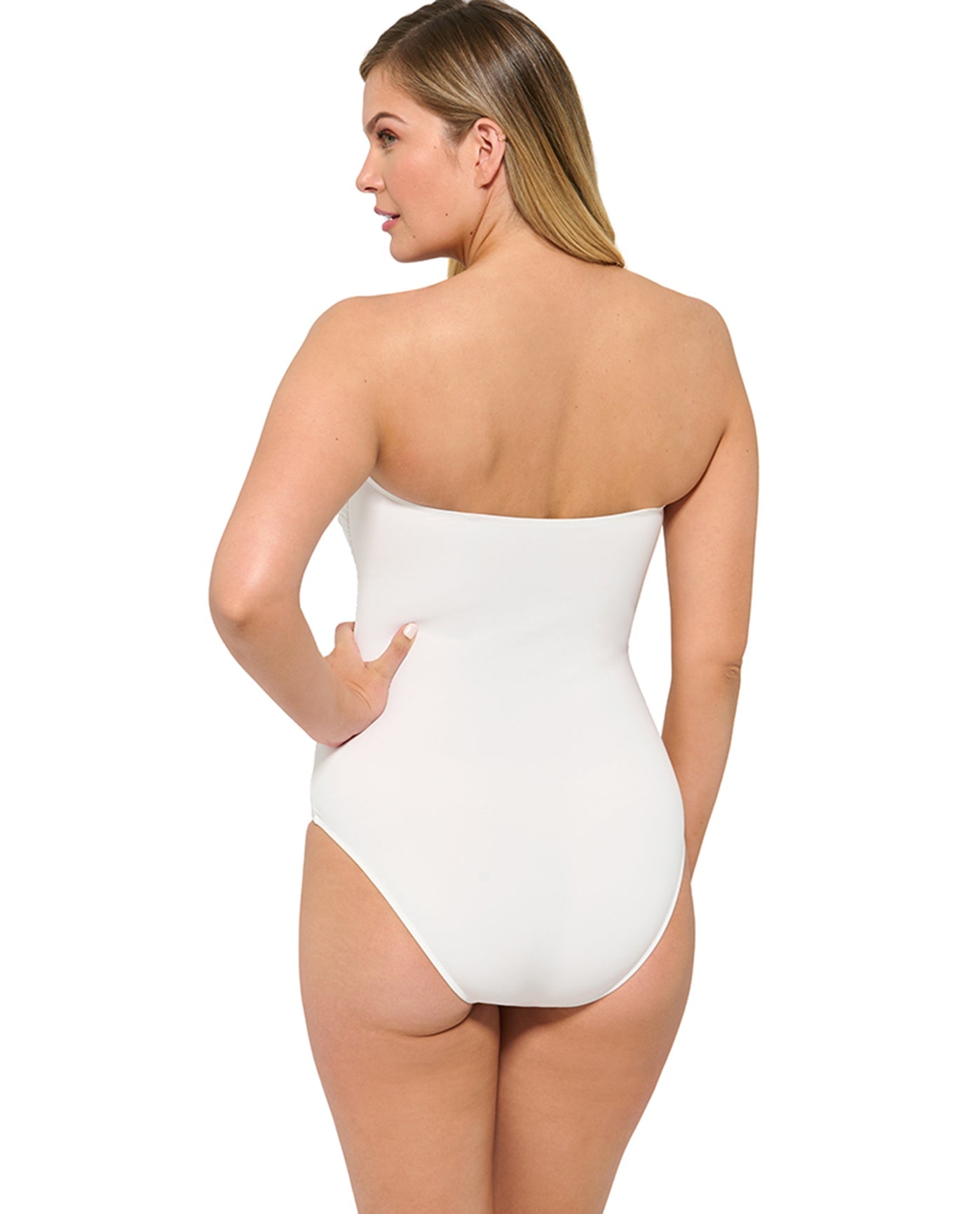 Back View Of Profile by Gottex Tutti Frutti Shirred Front Bandeau Strapless One Piece Swimsuit | PRO TUTTI FRUTTI WHITE